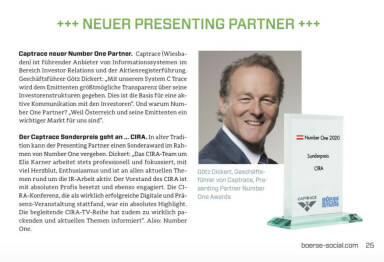 Number One Awards 2020, Götz Dickert vom neuen Presenting Partner Captrace vergibt seinen Sonderpreis an die CIRA