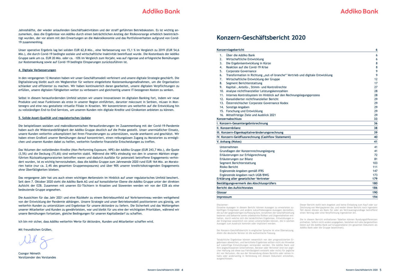 Doppelseite Addiko Bank Geschäftsbericht 2020