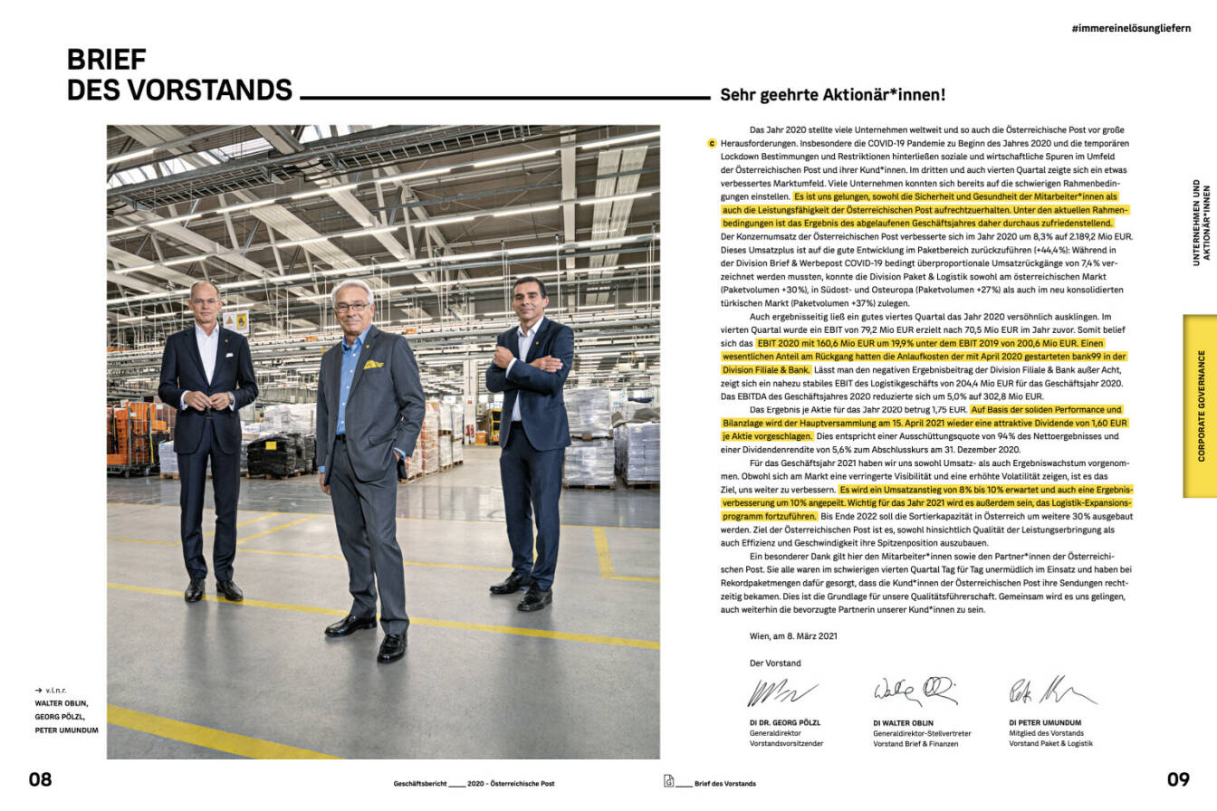 Doppelseite Österreichische Post Geschäftsbericht 2020